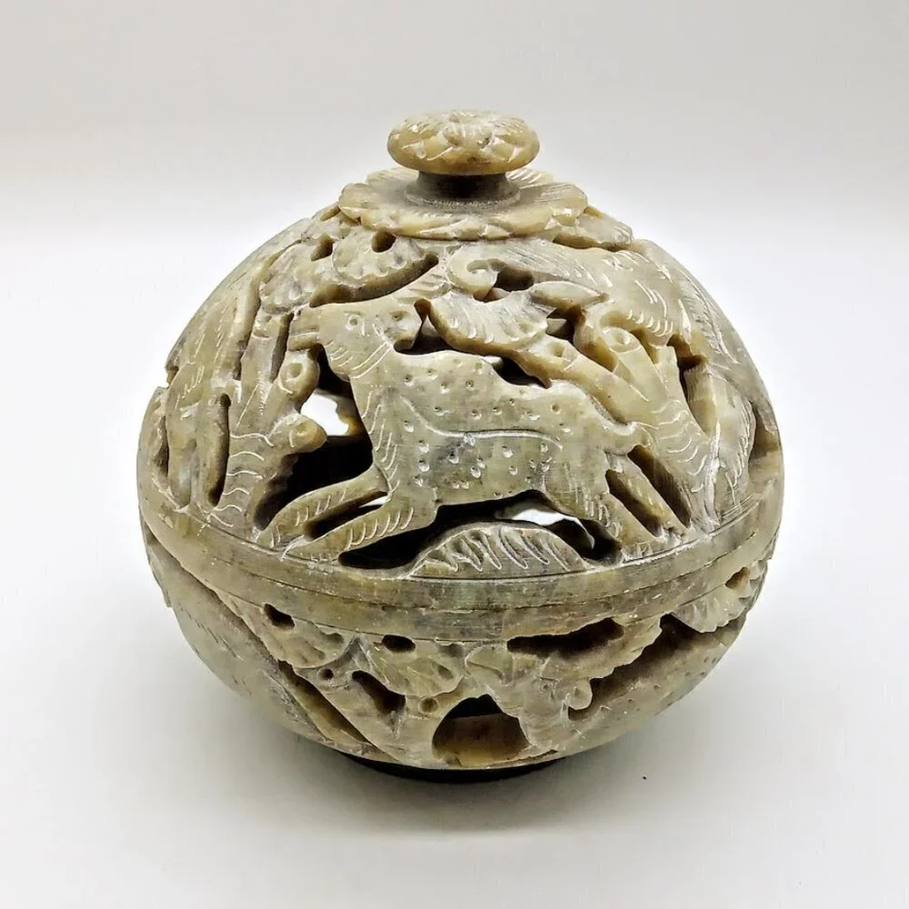 Carved Taupe Soapstone Round Candle Incense Holder